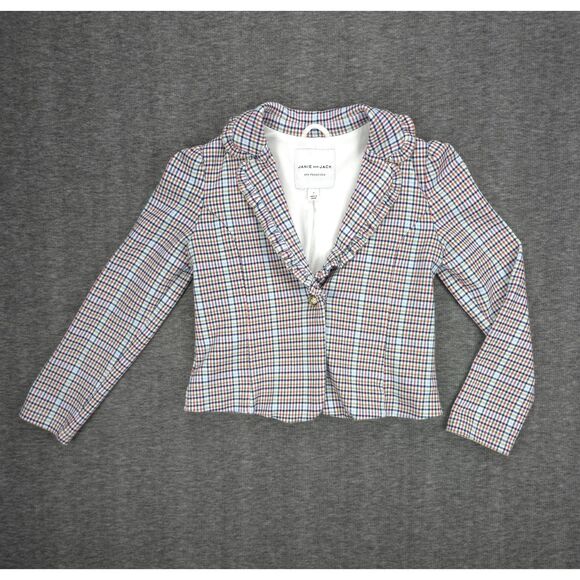 Girl's Janie & Jack Plaid Blazer Jacket w Gold Button Size 7 Puff Shoulder - Picture 1 of 8
